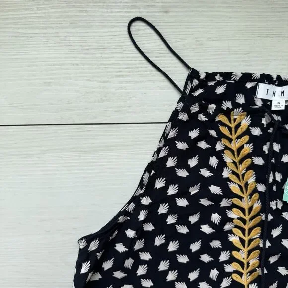 THML Navy Blue Women’s Small Silvano Embroidered Yellow Boho Tank Top Tassels - Picture 5 of 9